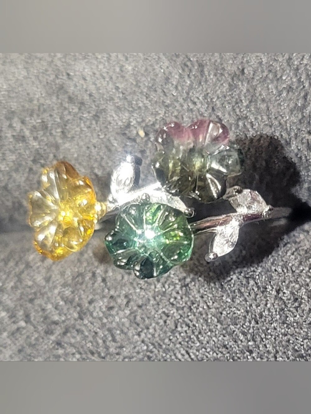 Carved Natural Watermelon Tourmaline Flower Open Sterling Silver Ring